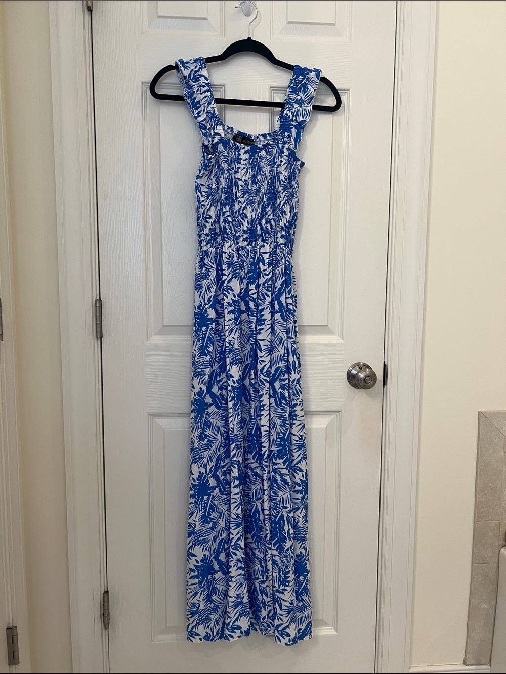 Blue and White Tropical Maxi Dress